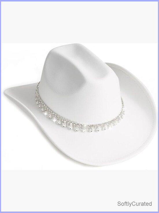Wide Brim Cowgirl Hat with Rhinestone Tassel Denim Band, Adjustable